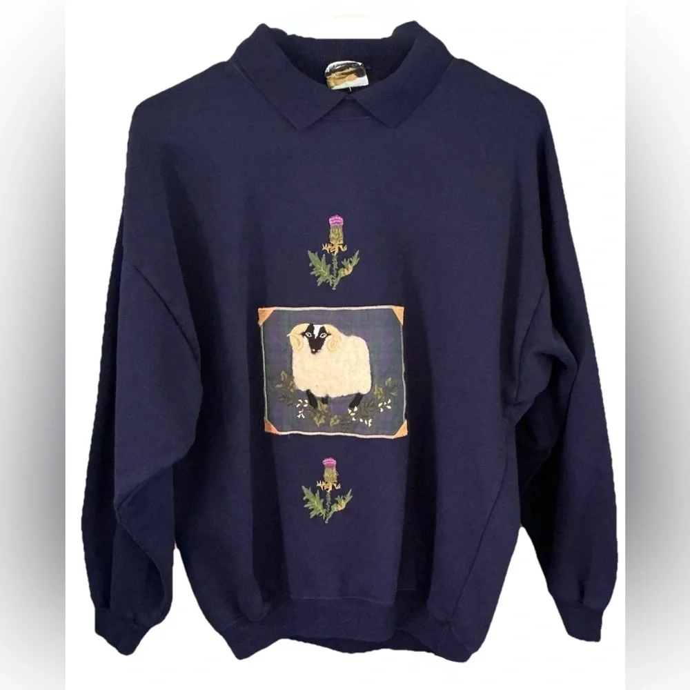 Vintage Sheep Embroidered Collared Sweater‎ UK Made Cottagecore Grandmacore